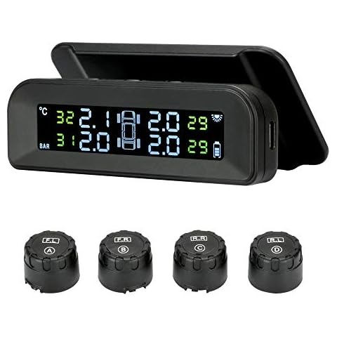 TPMS Solar Tyre Pressure Monitoring System 22-87 Psi Mount on Windshield with 4 External Sensors Car Tire Real-time Wireless Auto Alarm System… Cover