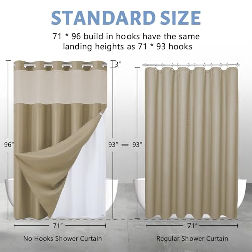 Image of Furlinic Extra Long Waffle Weave No Hook Shower Curtain with Snap in Liner,Heavy Duty Textured Fabric Bathroom Curtains,Hotel Style with Mesh Top Window,Waterproof & Machine Washable,Beige,71x96
