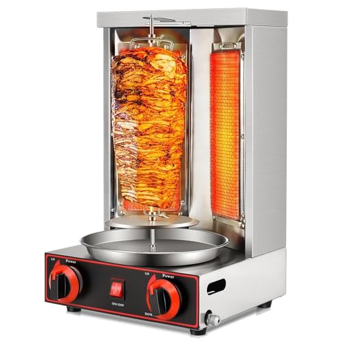 Máquina Asadora Vertical De Gas De Acero Inoxidable para Doner Kebab con 2 Quemadores, Máquina para Parrilla Shawarma Kebab, Parrilla Giratoria De 360°, con Ajuste De Temperatura