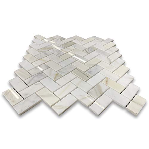 Stone Center Online Calacatta Gold Marble 1X2 Herringbone Mosaic Tile Polished Kitchen Bath Wall Floor Backsplash Shower (1 Sheet) #TOP1