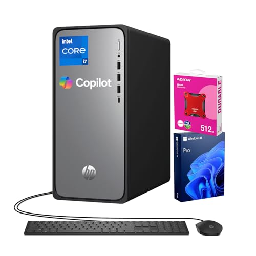 Image of HP OmniDesk Premium Tower Desktop, Core i7-14700, 32+32GB RAM, 2TB SSD, Wi-Fi 6, HDMI, USB-C, Windows 11 Pro, Wired Keyboard & Mouse, 2-Monitor Support 4K, Black, Bundle with ADATA 512GB External SSD