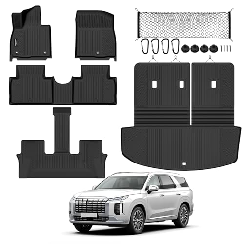 Tongama-Floor Mats for 2026 Hyundai Palisade(Only Gas) All Weather TPE Trunk Mat with Backrest Mat and Cargo Net for Hyundai Palisade Floor Liner Accessories