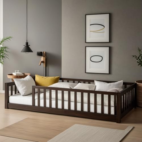 Twin Size Montessori Floor Bed Frame with Convertible Door & Wood Slats for Girls & Boys,Wood Montessori Bed w/Safety Guardrails,Espresso