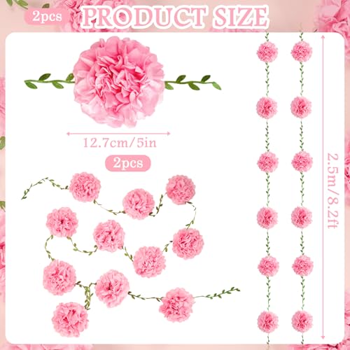 2 Stück Blumengirlande aus Papier, Rosa Blumen mit Grünen Blättern, 2.5 Meters Pompon-Deko für Wand, Hochzeit, Party und Garten
