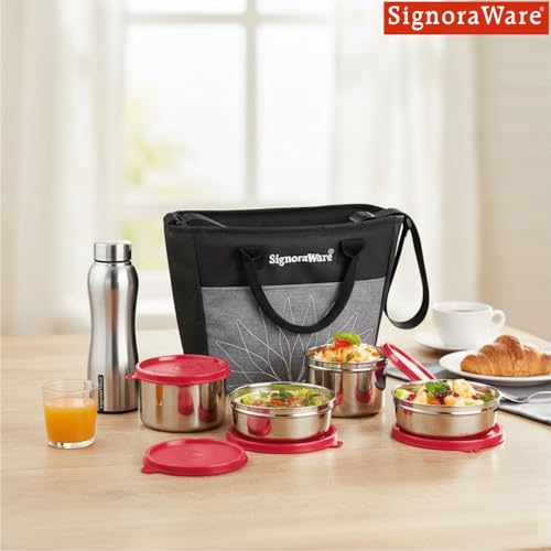 Image of SignoraWare Office Stainless Steel Lunch Box with Bottle | Airtight & Leakproof | Durable | Perfect for Office, School & Outdoor Use (500mlx2 + 380mlx2 + 750ml | Set of 5 | Red)