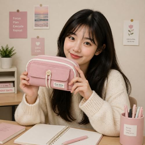 Image of Kawaii Cute Aesthetic Pencil Case for Girls & Boys | 3 Layer 6 Compartment Large Capacity Pencil Pouch with Zipper | Cartoon Stationery Organizer Bag for Students & Kids (Pink)