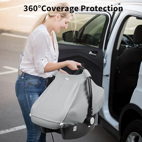 Image of Rquite Car Seat Cover Baby, Carseat Covers Girl Boy, Breathable Muslin Cotton, Large Mesh Window, Infant Car Seat Canopy Baby Carrier Cover Stroller Sun Shade for Summer & Hot Day, Grey