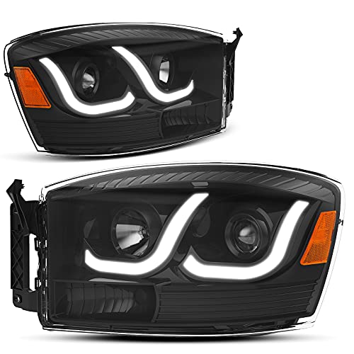 AUTOSAVER88 LED DRL Headlights Assembly Compatible with 2006 2007 2008 Dodge Ram 1500 2006-2009 Dodge Ram 2500 3500 Headlamp Replacement Pair with Daytime Running Light Black Housing Amber Reflector