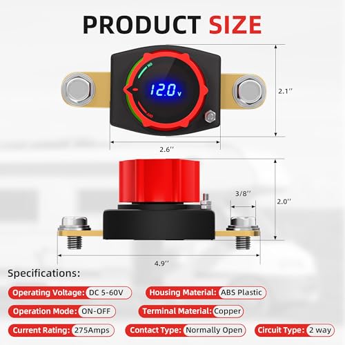 Image of Joinfworld Side Post Battery Disconnect Switch 12V-48V with Led Voltmeter Display, DC 5-60V Battery Kill Switch Waterproof Marine Battery Cut Off Switch 12 Volt for Car RV Boat ATV UTV Vehicles