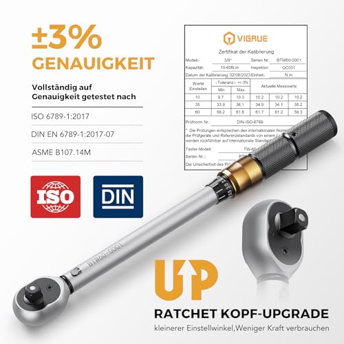 VIGRUE Drehmomentschlüssel Fahrrad 3/8 Zoll, Drehmomentschlüssel 10-60 N.m ±3% Fehlergenauigkeit...