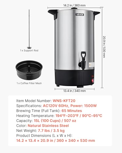 Image of VEVOR Commercial Coffee Urn, 100 Cup 15 L Hot Beverage Dispenser with Dripless Faucet, Quick-Brewing Stainless Steel Large Commercial Coffee Maker, for Catering, Business, Party, Church & Restaurant