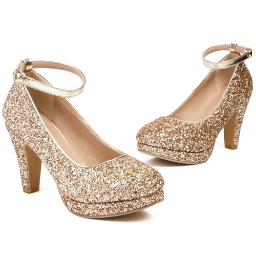 Caradise Sparkly Platform Heels Closed Toe Round Toe Chunky Heel Ankle Strap Pumps Wedding Dress Shoes2