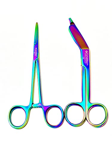 New German Premium Lister Bandage Scissors 5.5 Inches Plus Hemostat Forceps Straight Multi Color Rainbow Color Stainless Steel Set Of 2 Each #TOP1