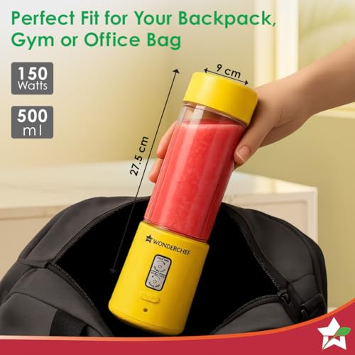 Image of Wonderchef Twister Portable Blender, 500ml, Dual-rotation Stainless-steel Blades, For Crushing Ice, Smoothies, Shakes, Salad Dressings, For Backpacks /Office Bags, Type-c Charge, 1-Yr Warranty, Yellow