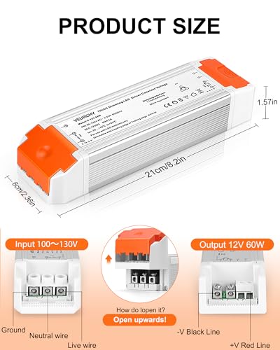 Image of 60W 12V Dimmable LED Driver, Triac Transformer 60 watt AC 120V to DC 12V Compatible with Lutron Dimmer Switches, 12 Volt Led Dimmer Power Supply for Cabinet Strip Light Model Vec2 (Simplified Pack)