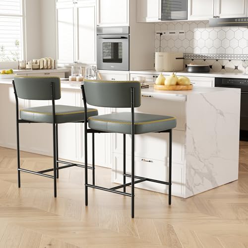 Image of Bar Stools Set of 3, Faux Leather Counter Height Barstools with Curved Back, 25 Inch Upholstered Bar Chairs, Modern Counter Stools for Kitchen lsland, Grey