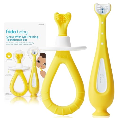 Image of Frida Baby Grow-with-Me Baby Toothbrush Training Set | Infant to Toddler Toothbrush 0-12 months, Cleans All Sides at Once, Oral Care for Sensitive Gums | Yellow