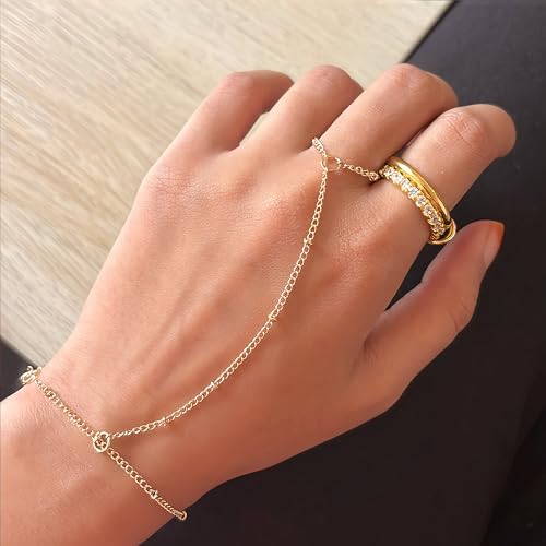 3PCS Gold Hand Chain Bracelets for Women, 14k Gold Plated Stack Bracelets Set Adjustable, Dainty Ring Bracelet Hand Chain4