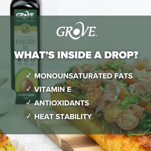 Image of Grove Extra Virgin Avocado Oil - Plant Based, Vegan, Gluten Free, 100% Natural, Cold Pressed, High Smoke Point, 16 Whole Avocados in Every Bottle (8.4oz, 250ml)