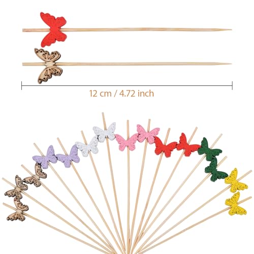 JtmyAota 100 Pack Butterfly Toothpicks for Appetizers, 4.7 Inch Natural Bamboo Cocktail Picks for Cake Dessert Food Valentines Wedding Birthday Party Decoration (Multicolor)