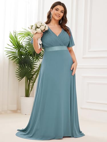 Image of Ever-Pretty Women's Chiffon Formal Evening Dresses for Curvy Women V-Neck Plus Size Floor Length Bridesmaid Dress