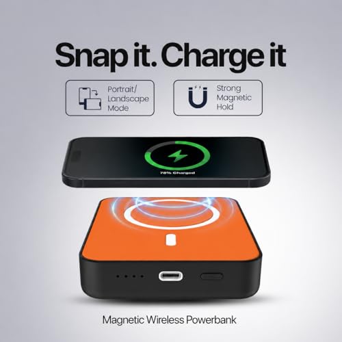 Image of Nextech MagSafe Power Bank 10000mAh, 15W Magnetic Wireless Charging, 22.5W PD Fast Charging Type C, Slim Portable Wireless Power Bank for iPhone & Android, LED Indicator, Orange Black