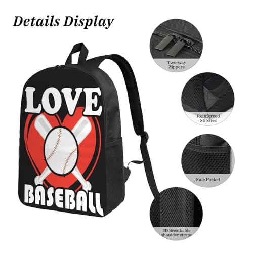 Love Baseball Bat 17 Inch Backpack Sets Lunch Bag Lightweight Daypack for Men Women 3Pcs3