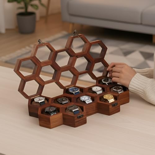 Image of Vintage Wooden Watch Box for Men, Timepiece Display Case, Honeycomb Watch Storage & Organizer, Jewlery Box for Women, Anniversary Gift For Husband (10 Compartments)