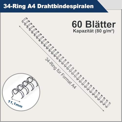 RAYSON Drahtbinderücken, 60 Blatt, 34 Schlaufen, Teilung 3:1, A4, 11,1 mm, Schwarz, Packung mit 100 Stück