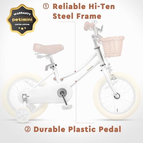 Image of Petimini Vintage Kids Bike for Girls, 12-20 Inch Classic Bicycle with Wicker Basket & Bell, High Tensile Steel Frame, Training Wheels (12-18 inch), 85% Pre-Assembled, Retro Bike for Outdoor Riding