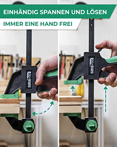 SMABIX® Einhandzwingen 2er Set zum Spannen, Dehnen, Fixieren mit einer Hand, 71Kg Spannkraft, Spannweite 300 mm, Dehnbereich 155mm - 500mm, Einhandzwinge, Zwingen, Schraubzwingen, Schnellspannzwinge