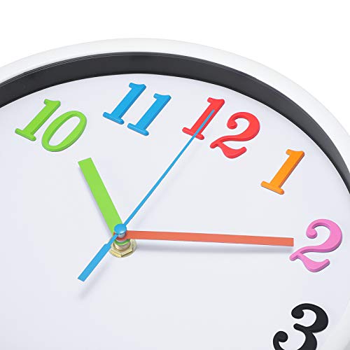 Vreaone Colorful Kids Wall Clock 10 Inch Silent Non Ticking Quality Quartz Battery Operated Wall Clocks, Easy To Read 3D Multi Colored Numbers Nursery Classroom Office Kitchen, White Frame #TOP3