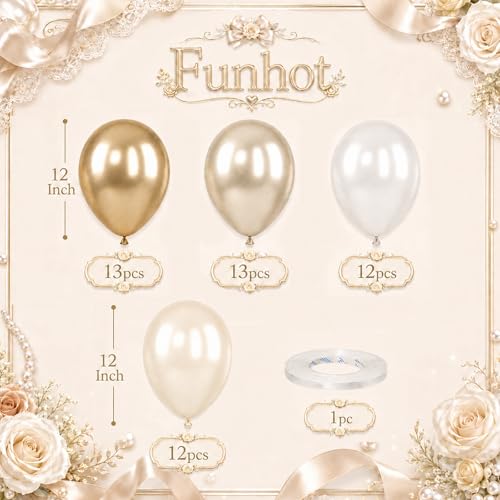 Image of Champagne Gold White Balloons, 50Pcs 12 Inch Double Stuffed Latex | Beige Cream Sand Pearl Balloons for Boho Bridal Wedding Anniversary Birthday Bachelorette Engagement Baby Shower Decor