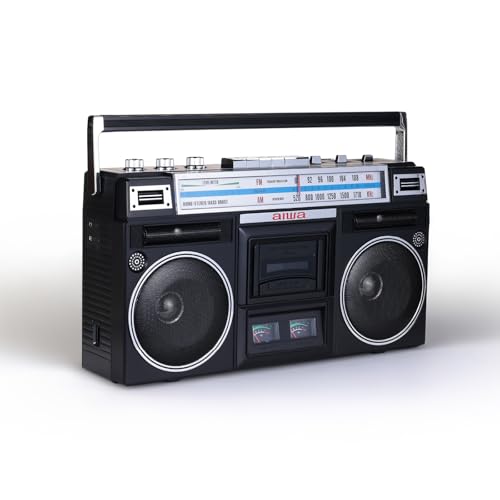 aiwa Portable Retro Boombox BackTrack Jr Vintage Bluetooth Speaker with Cassette Player Bluetooth FM/AM Radio USB & AUX for Home Outdoor and Travel Listening (Black)