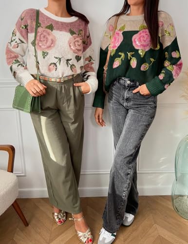 ZESICA Women's Floral Oversized Sweaters 2025 Fall Crewneck Long Sleeve Casual Chunky Knit Pullover Sweater Tops 6