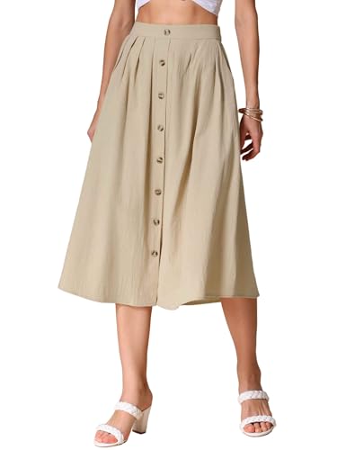 Allegra K Cotton Midi Skirt for Women's Summer Casual Button Decor Elastic Waist A-Line Skirts with Pocket