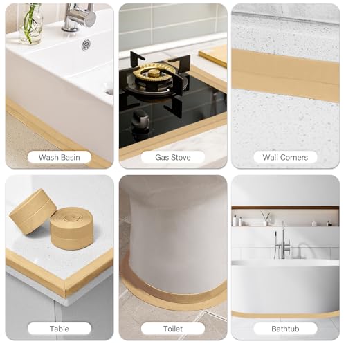 Image of 3 Rolls 1.5 Inch Caulk Tape Self Adhesive Toilet Caulking Strip Bathroom Sealing Caulk Strip Peel and Stick Bathtub Caulking Tape, 10.5 Feet Each Roll (Almond)