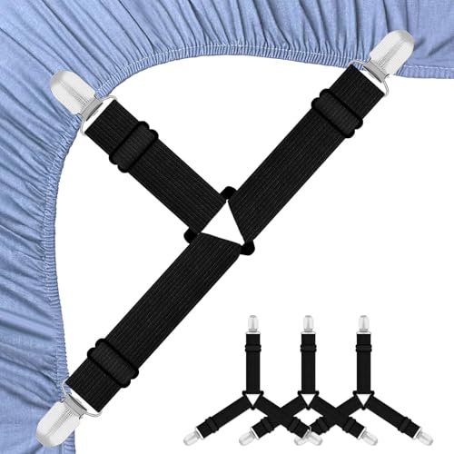 Hanyousheng Elastici per Lenzuola, 4 Pezzi Nero Ferma Lenzuola, Bretelle per Lenzuola Regolabile con Clip, Clip per Lenzuola Triangolar per Lenzuola, Materasso, Coprimaterassi o Divano