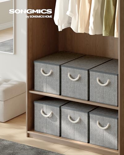 SONGMICS Pudełko do przechowywania z pokrywką, zestaw 3 sztuk, składane, pudełka materiałowe, organizer, do garderoby, uchwyty, do sypialni, salonu, 50 x 30 x 30 cm, gołębia szarość RFB050GD01
