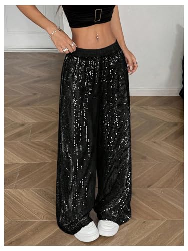 Floerns Women's Shiny Sequin Wide Leg Pants Elastic Waist Sparkly Baggy Pants3