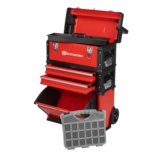 Werkzeugkönig Werkzeugtrolley 3 Teile Stahlblech Rot pulverbeschichtet - 1 Werkzeugkoffer, 2 schmale Schubladen, 1 großes Klappfach - gratis Kleinteilekoffer
