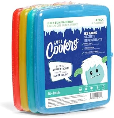Cool Coolers By Fit & Fresh 4 Pack Slim Ice Packs, Quick Freeze Space Saving Reusable Ice Packs for Lunch Boxes or Coolers, Multi Colored, Single Pack
