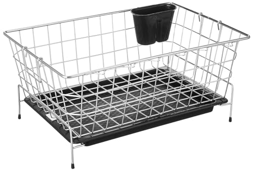 Image of Stainless Steel Kitchen Dish Drying Rack with Draining Tray and Cutlery Holder Tub, Utensil Basket /Plate Stand /Bartan Basket /Dish Rack, Durable and Rust-Free, Chrome Finish, Compact Size