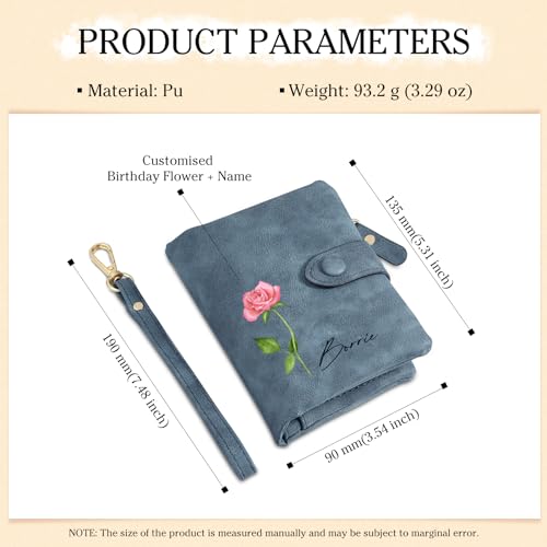 Personalized Birth Flower Wallet for Women Custom Wristlet Wallets with Name Small Leather Wallet Purse for Women Card Holder Wallet Gifts for Mom Grandma (Blue)3