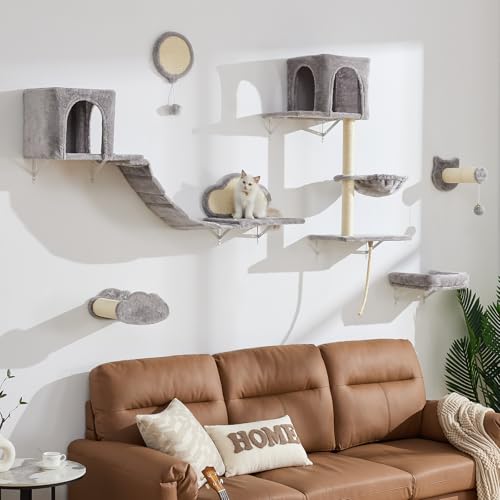 BYBYME Kratzbaum Wand Mit HäNgematte Und Bett, Hohe Katzenregale FüR Mehrere Katzen, PlüSch-Sitzstange, Kratzbrett Und Sisal-Beschichtete Pfosten, 6PCS Langlebiges KatzenklettermöBel (Hellgrau)