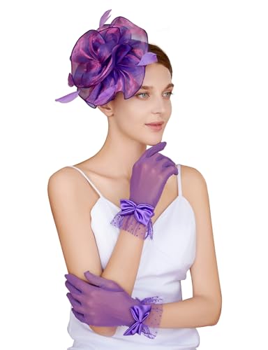 CAIYILA Fascinators Hat for Women Tea Party Headband Derby Wedding Flower Cocktail Mesh Feathers Hair Clip and Lace Gloves with Bows for Women (Purple)