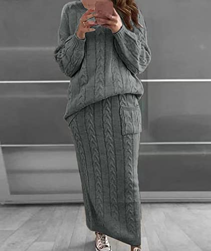 Image of Sexyshine Women's Cable Knit Long Skirt 2 Piece Outfit Chunky Oversized Pullover Sweater Top and Long Pencil Skirt Sets