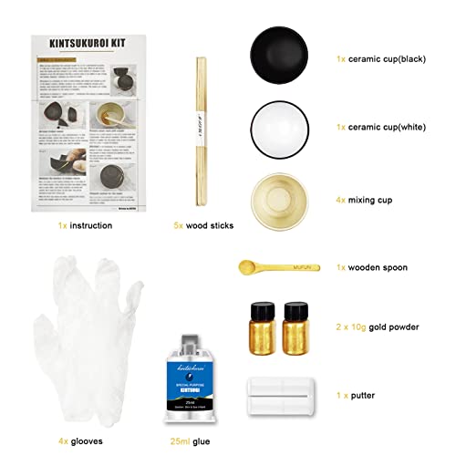 Mufun Kintsugi Repair Kit, Repair Your Meaningful Pottery With Gold Powder Glue - Comes With Two Practice Ceramic Cups For Starter #TOP1