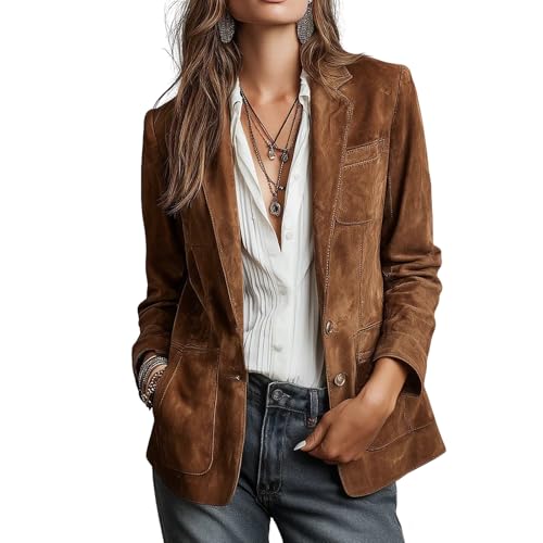 WXDTW Blazer rétro en daim synthétique pour femme, col à revers, manches longues, manteau décontracté avec poches, marron, M