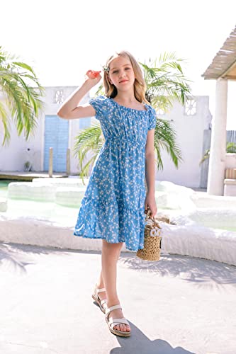 Girls Summer Dress Kids Floral Square Neck Puff Sleeve A-Line Midi Dresses2